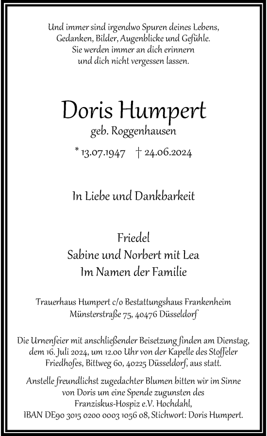 Traueranzeige von Doris Humpert von Rheinische Post
