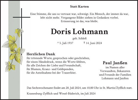 Traueranzeige von Doris Lohmann von Rheinische Post