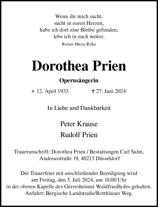 Traueranzeige von Dorothea Prien von Rheinische Post