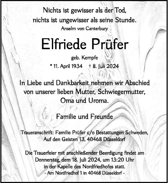 Traueranzeige von Elfriede Prüfer von Rheinische Post