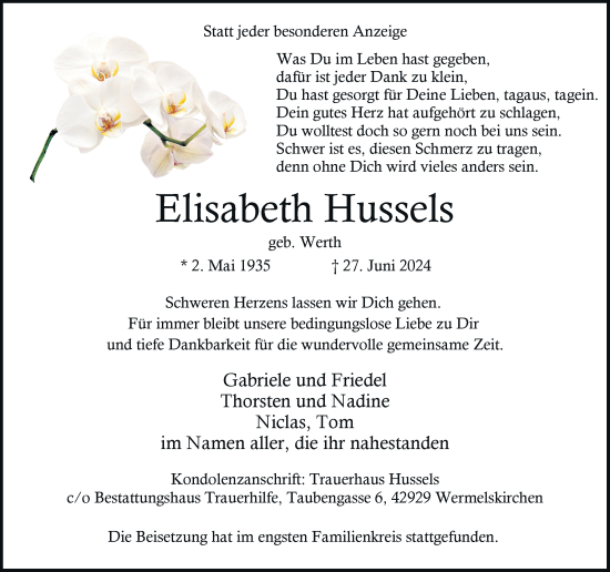Traueranzeige von Elisabeth Hussels von Rheinische Post