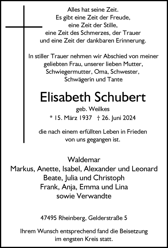 Traueranzeige von Elisabeth Schubert von Rheinische Post