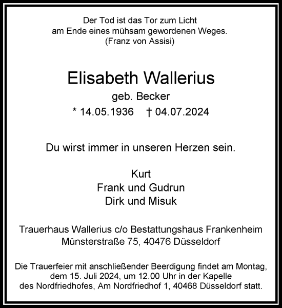 Traueranzeige von Elisabeth Wallerius von Rheinische Post