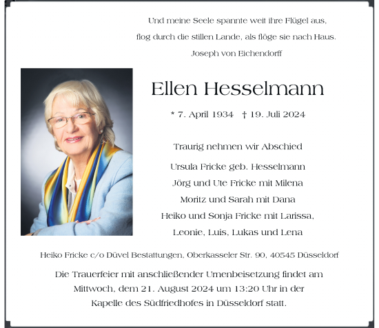 Traueranzeige von Ellen Hesselmann von Rheinische Post