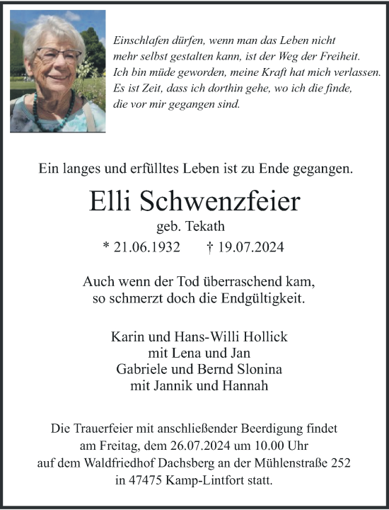 Traueranzeige von Elli Schwenzfeier von Rheinische Post