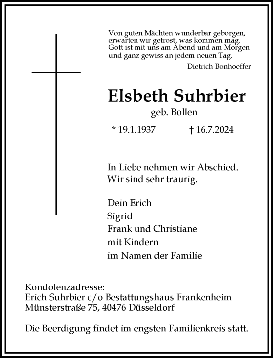 Traueranzeige von Elsbeth Suhrbier von Rheinische Post