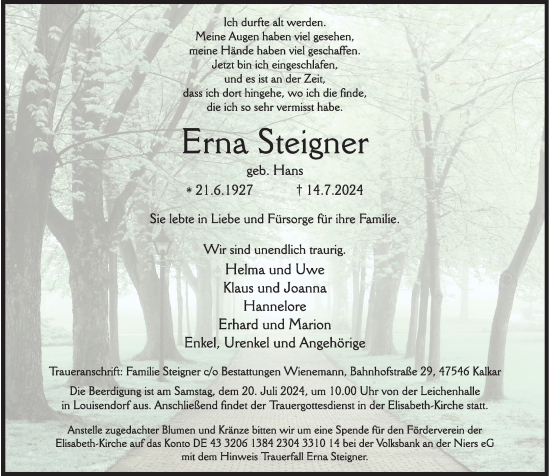 Traueranzeige von Erna Steigner von Rheinische Post