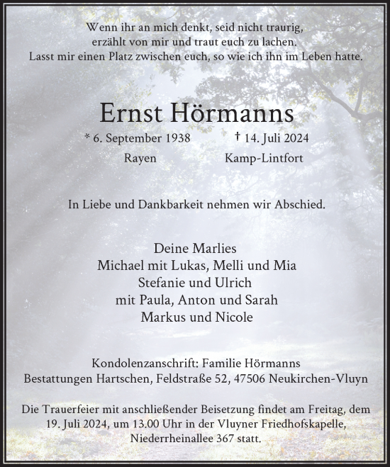 Traueranzeige von Ernst Hörmanns von Rheinische Post