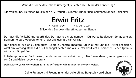 Traueranzeige von Erwin Fritz von Rheinische Post