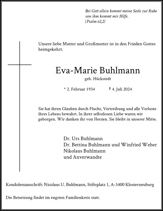 Traueranzeige von Eva-Marie Buhlmann von Rheinische Post