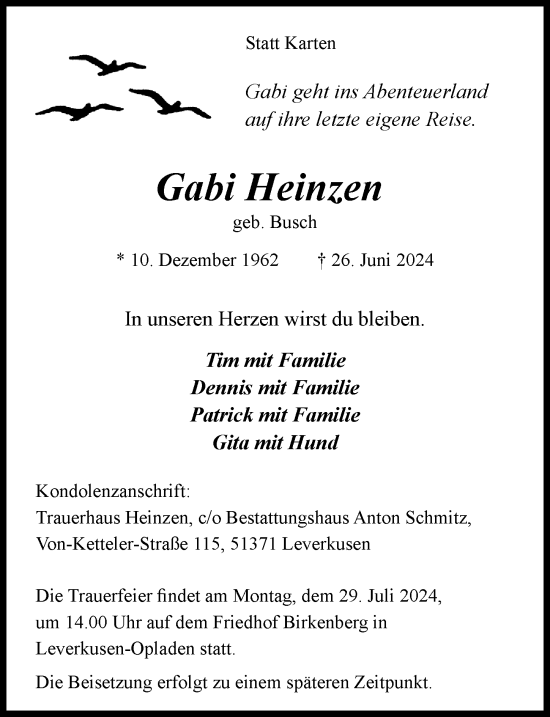 Traueranzeige von Gabi Heinzen von Rheinische Post