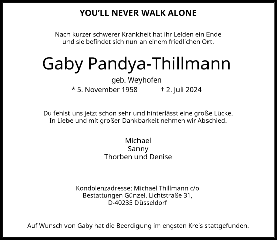 Traueranzeige von Gaby Pandya-Thillmann von Rheinische Post