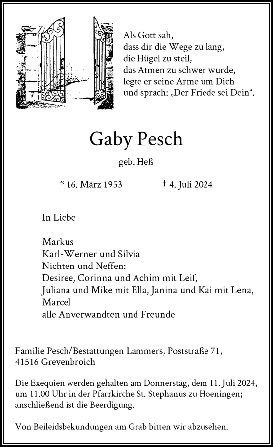 Traueranzeige von Gaby Pesch von Rheinische Post