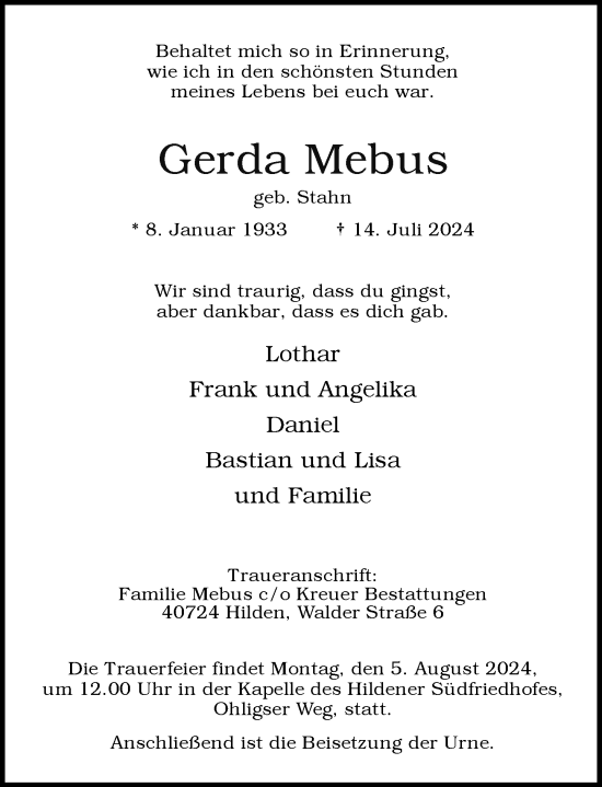 Traueranzeige von Gerda Mebus von Rheinische Post