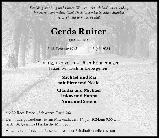Traueranzeige von Gerda Ruiter von Rheinische Post