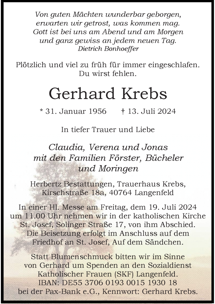  Traueranzeige für Gerhard Krebs vom 17.07.2024 aus Rheinische Post