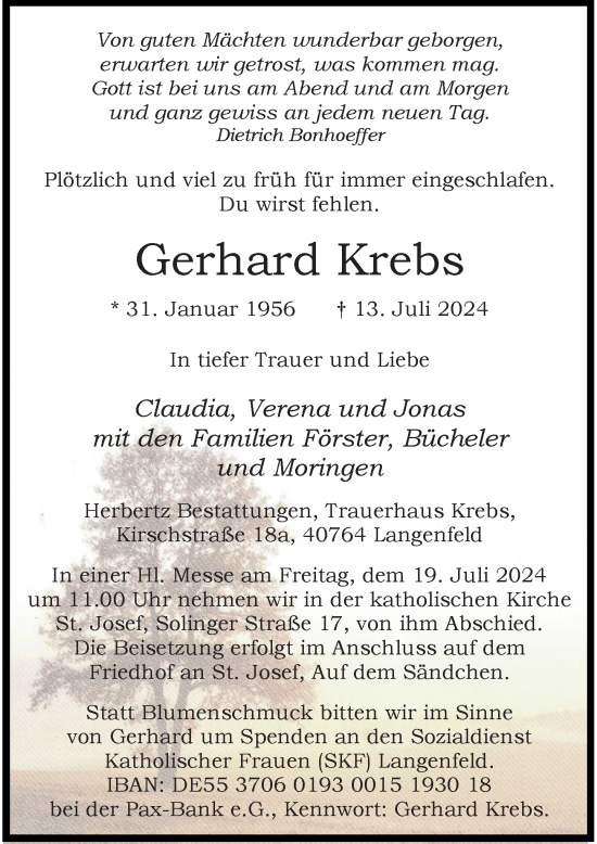 Traueranzeige von Gerhard Krebs von Rheinische Post