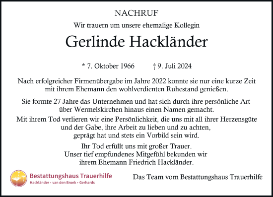 Traueranzeige von Gerlinde Hackländer von Rheinische Post