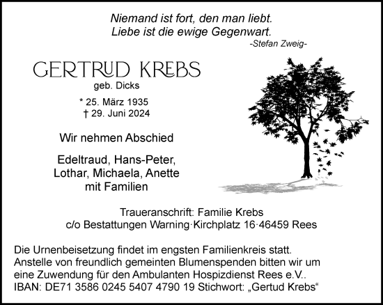 Traueranzeige von Gertrud Krebs von Rheinische Post