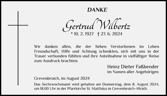 Traueranzeige von Gertrud Wilbertz von Rheinische Post