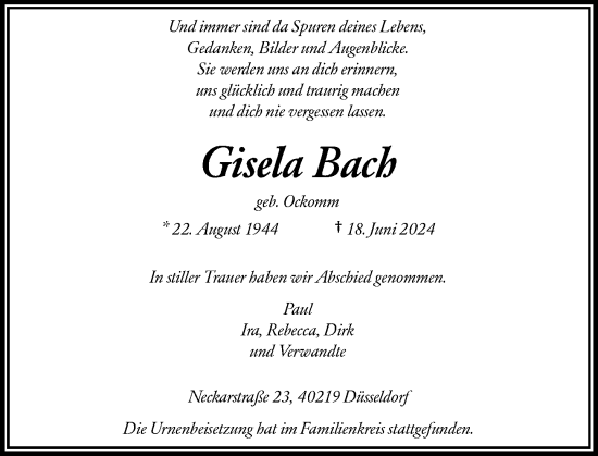 Traueranzeige von Gisela Bach von Rheinische Post
