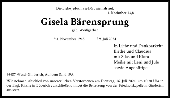 Traueranzeige von Gisela Bärensprung von Rheinische Post