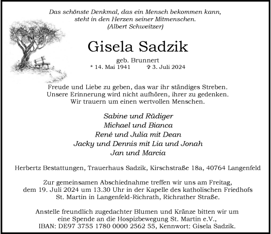 Traueranzeige von Gisela Sadzik von Rheinische Post