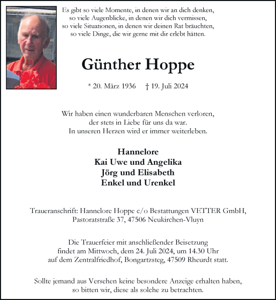 Traueranzeige von Günther Hoppe von Rheinische Post