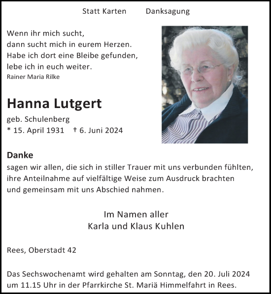 Traueranzeige von Hanna Lutgert von Rheinische Post