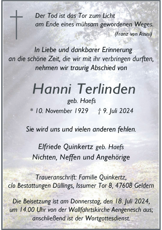Traueranzeige von Hanni Terlinden von Rheinische Post