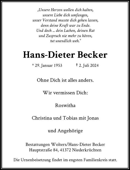 Traueranzeige von Hans-Dieter Becker von Rheinische Post