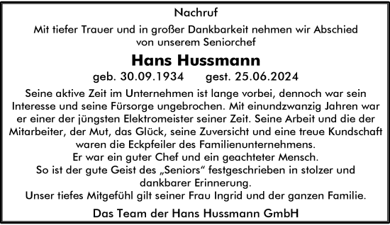 Traueranzeige von Hans Hussmann von Rheinische Post