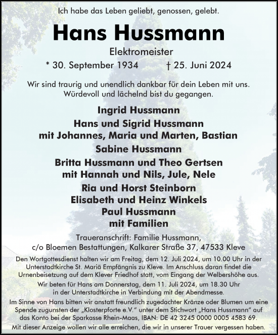 Traueranzeige von Hans Hussmann von Rheinische Post