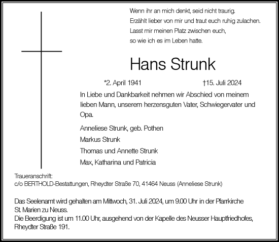 Traueranzeige von Hans Strunk von Rheinische Post