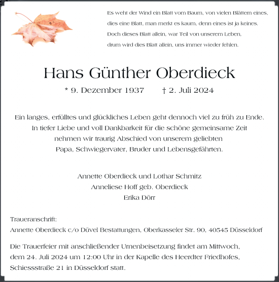 Traueranzeige von Hans Günther Oberdieck von Rheinische Post