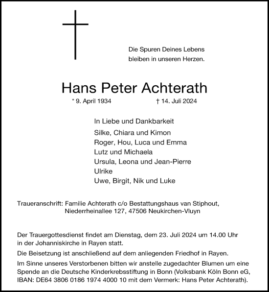 Traueranzeige von Hans Peter Achterath von Rheinische Post