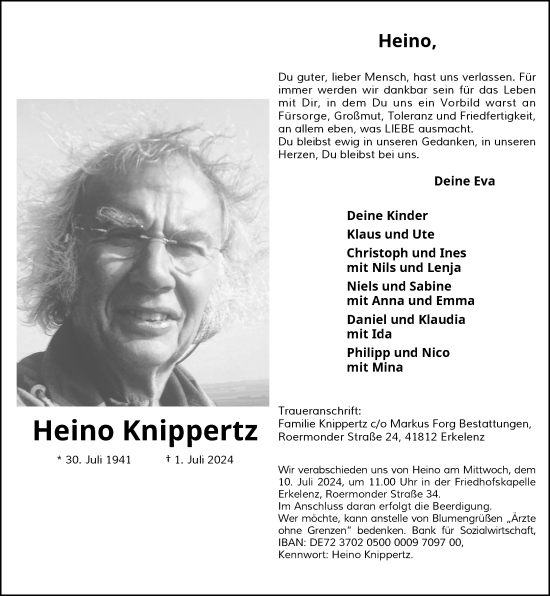 Traueranzeige von Heino Knippertz von Rheinische Post