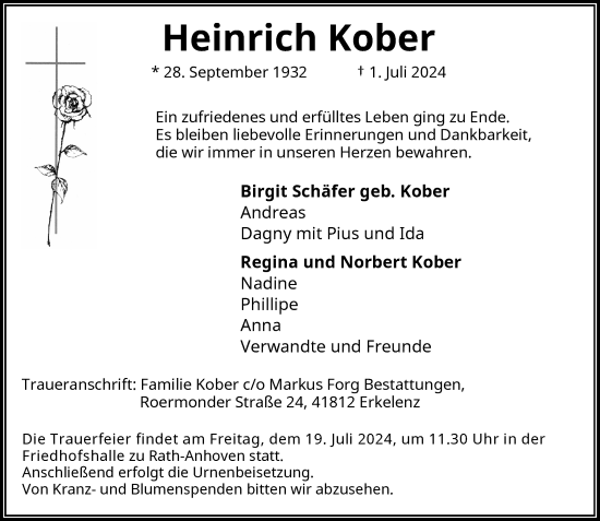 Traueranzeige von Heinrich Kober von Rheinische Post
