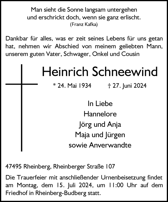 Traueranzeige von Heinrich Schneewind von Rheinische Post