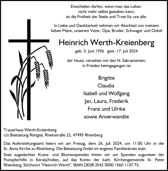 Traueranzeige von Heinrich Werth-Kreienberg von Rheinische Post