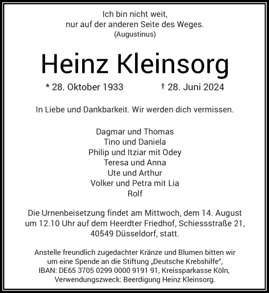 Traueranzeige von Heinz Kleinsorg von Rheinische Post