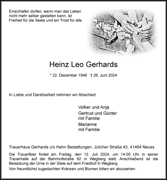 Traueranzeige von Heinz Leo Gerhards von Rheinische Post