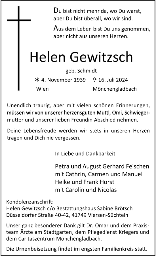 Traueranzeige von Helen Gewitzsch von Rheinische Post