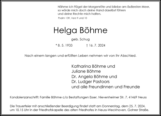Traueranzeige von Helga Böhme von Rheinische Post