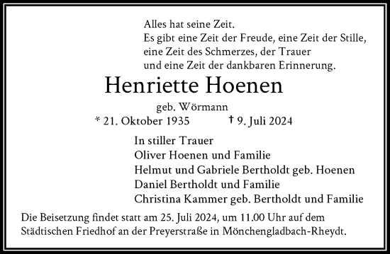 Traueranzeige von Henriette Hoenen von Rheinische Post