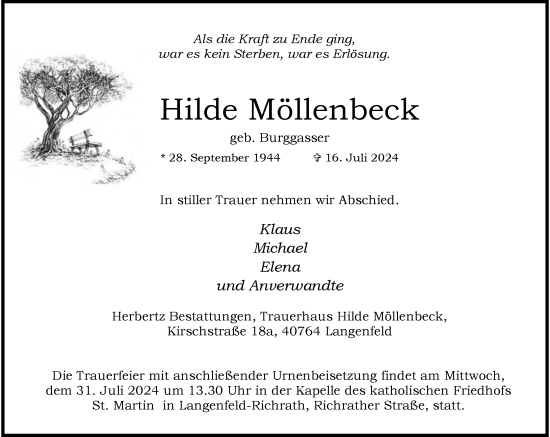 Traueranzeige von Hilde Möllenbeck von Rheinische Post