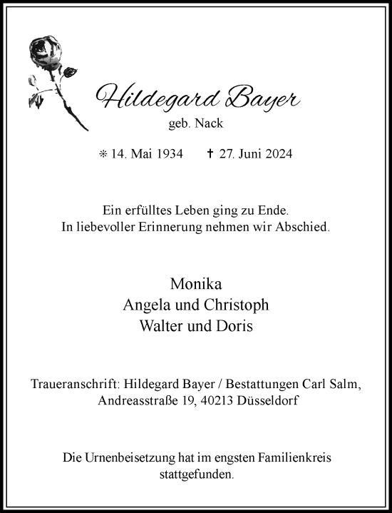 Traueranzeige von Hildegard Bayer von Rheinische Post
