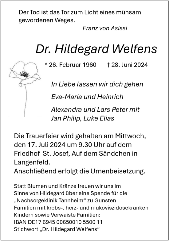 Traueranzeige von Hildegard Welfens von Rheinische Post