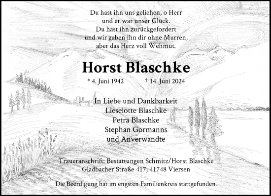 Traueranzeige von Horst Blaschke von Rheinische Post