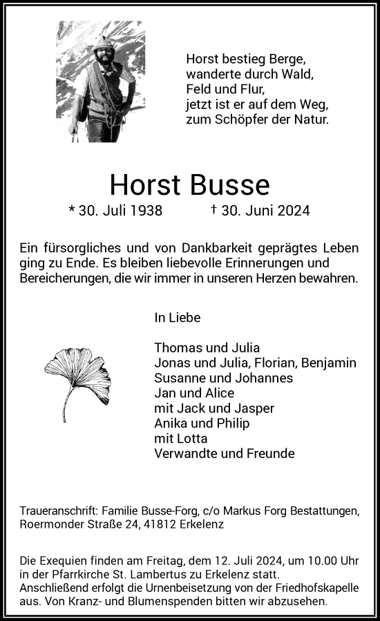 Traueranzeige von Horst Busse von Rheinische Post